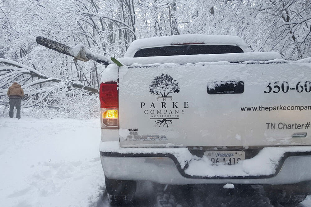 Snow fallen on a Parke Company truck