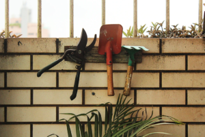 Gardening tools on a rack