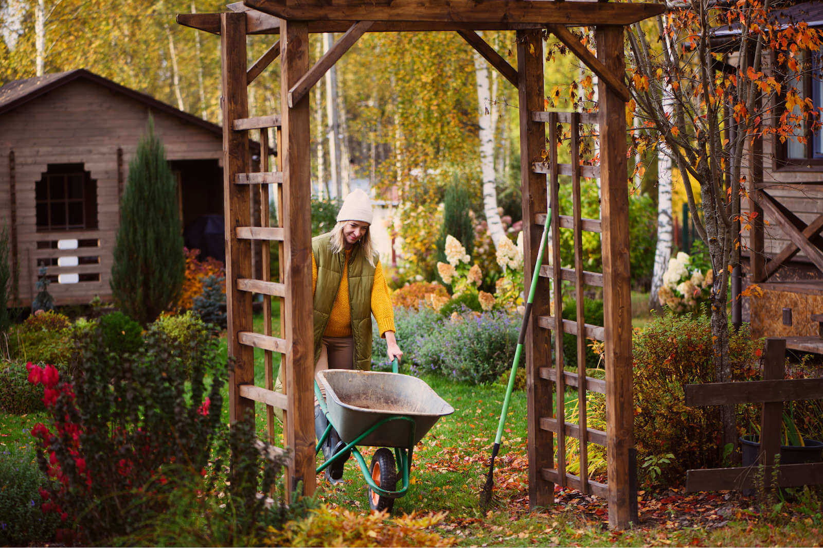 A woman landscaping in fall.