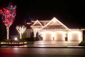 House with Christmas lights and decorations.